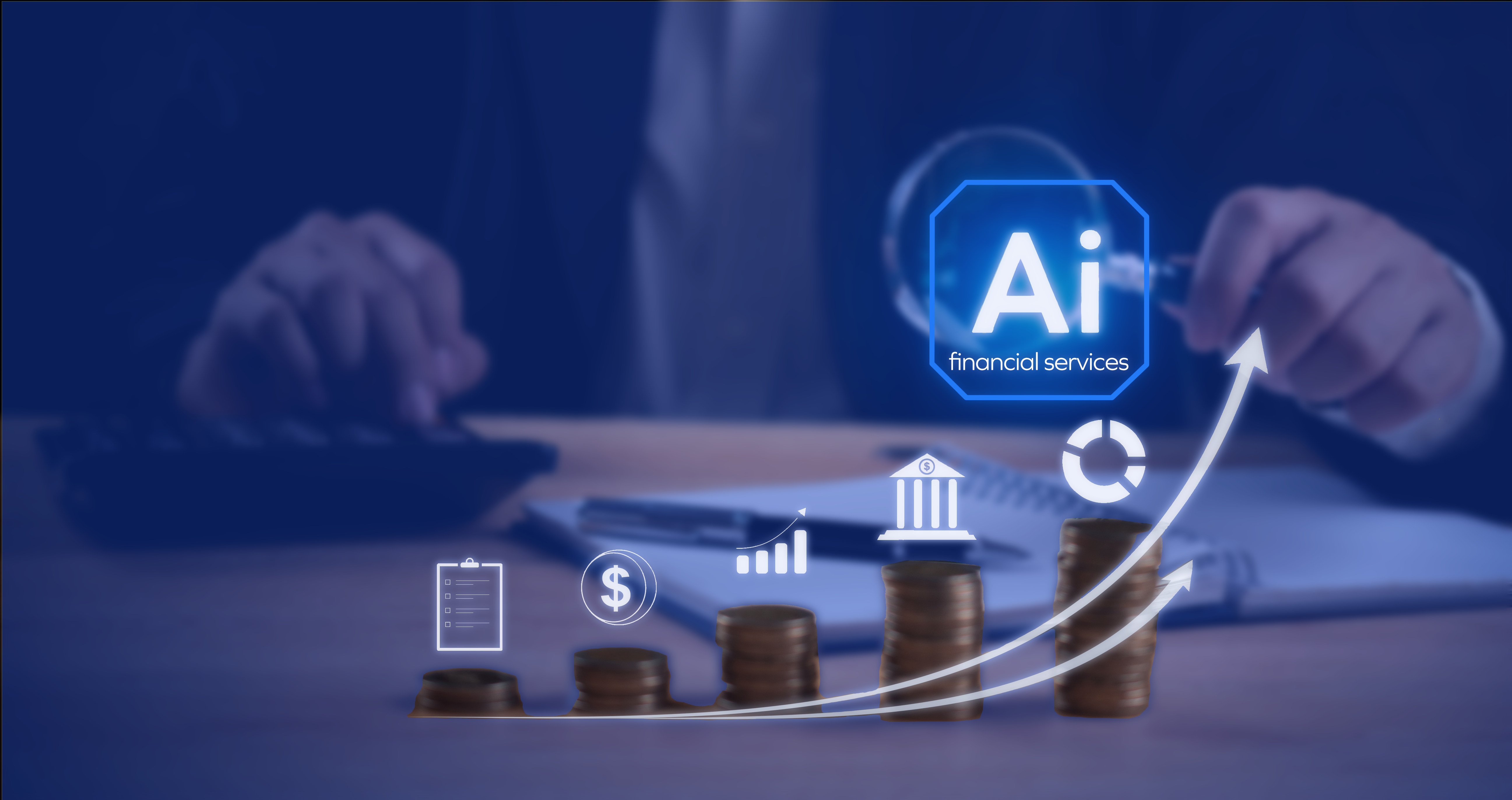 Concept image of AI Financial services with monetary icons and a businessperson on a desk.