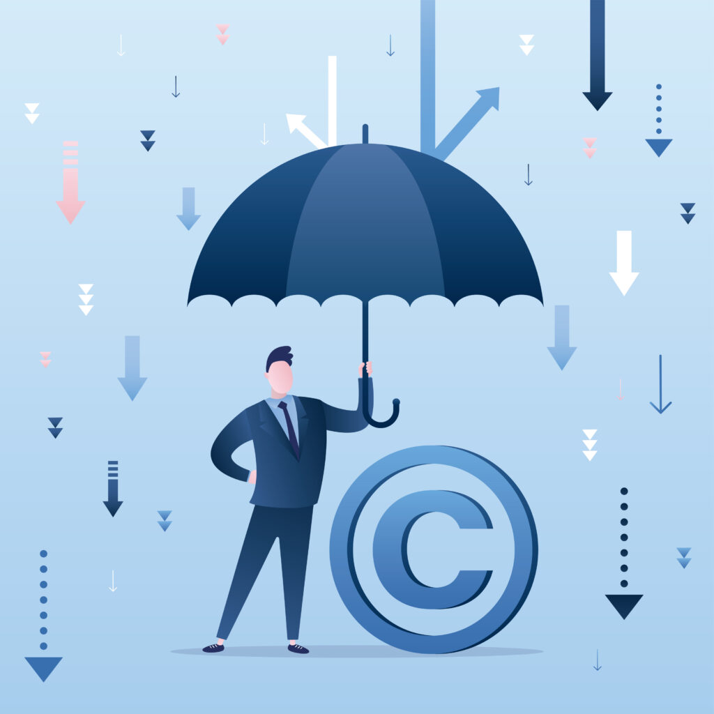 Flat vector illustration of Copyright or patent, under umbrella. held by businessman. Protection of property rights from illegal use and copying.