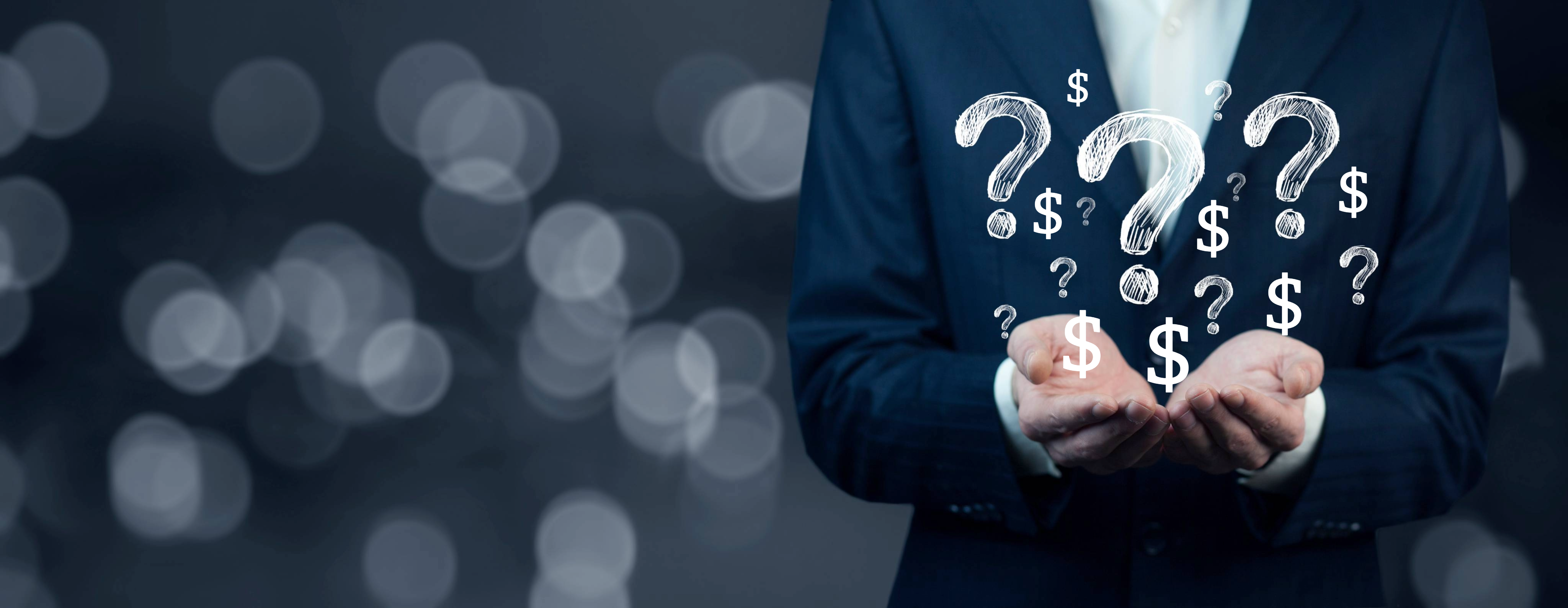 Concept of thinking about money or cost. Businessman with dollar signs and question marks floating above his hands, palms up.