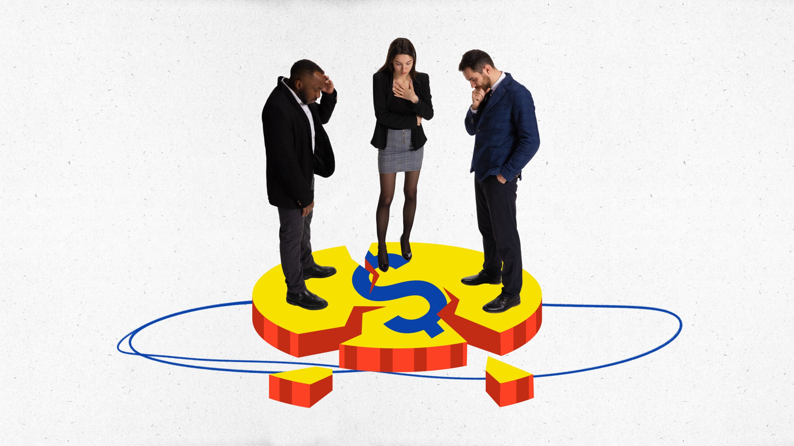Contemporary art collage., concept. Thoughtful young business workers stand on huge broken golden coin.