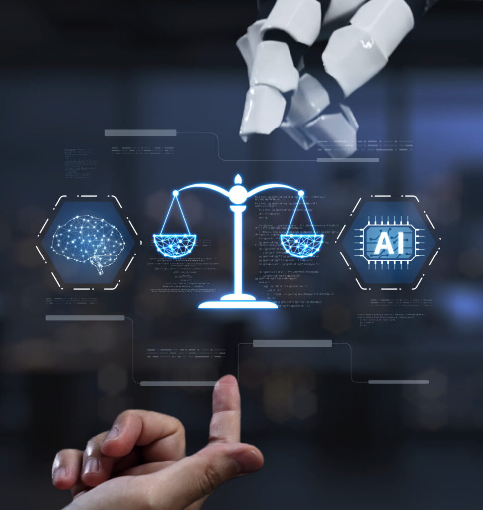 A robotic hand and human hand interact with a digital representation of scales of balance, symbolizing the integration of artificial intelligence in future innovations.