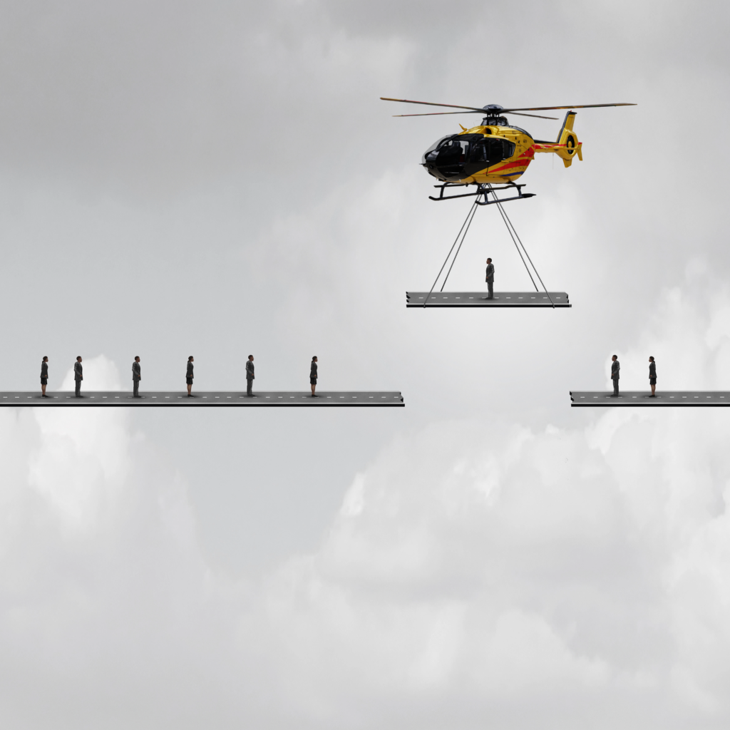 Concept of an organization that is split. Helicopter is bringing down an executive with the road to bridge the gap.