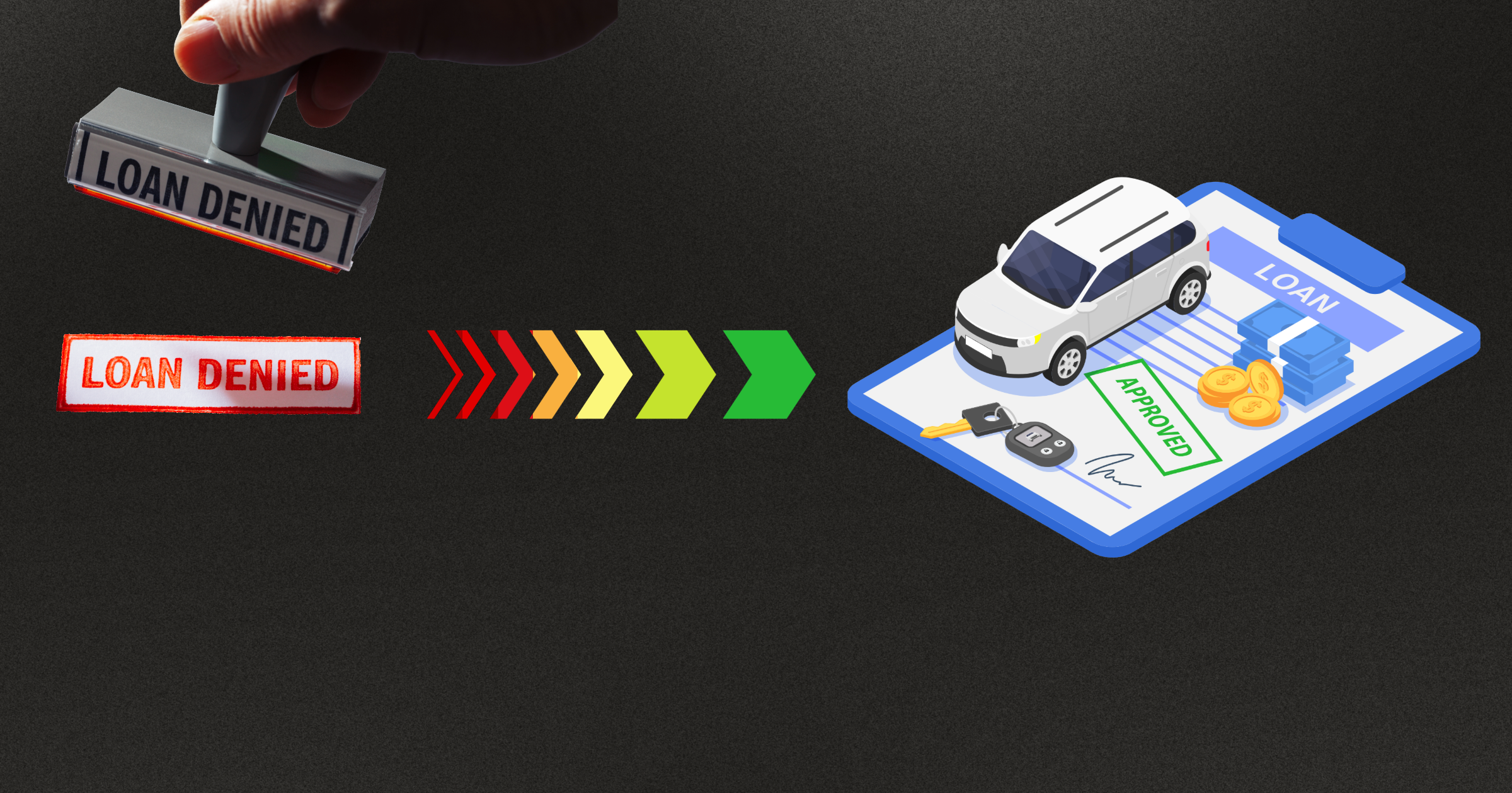 Concept of Car Loan transition - Loan denied stamp with arrows turning red to green, and turning into an approved Auto Loan.