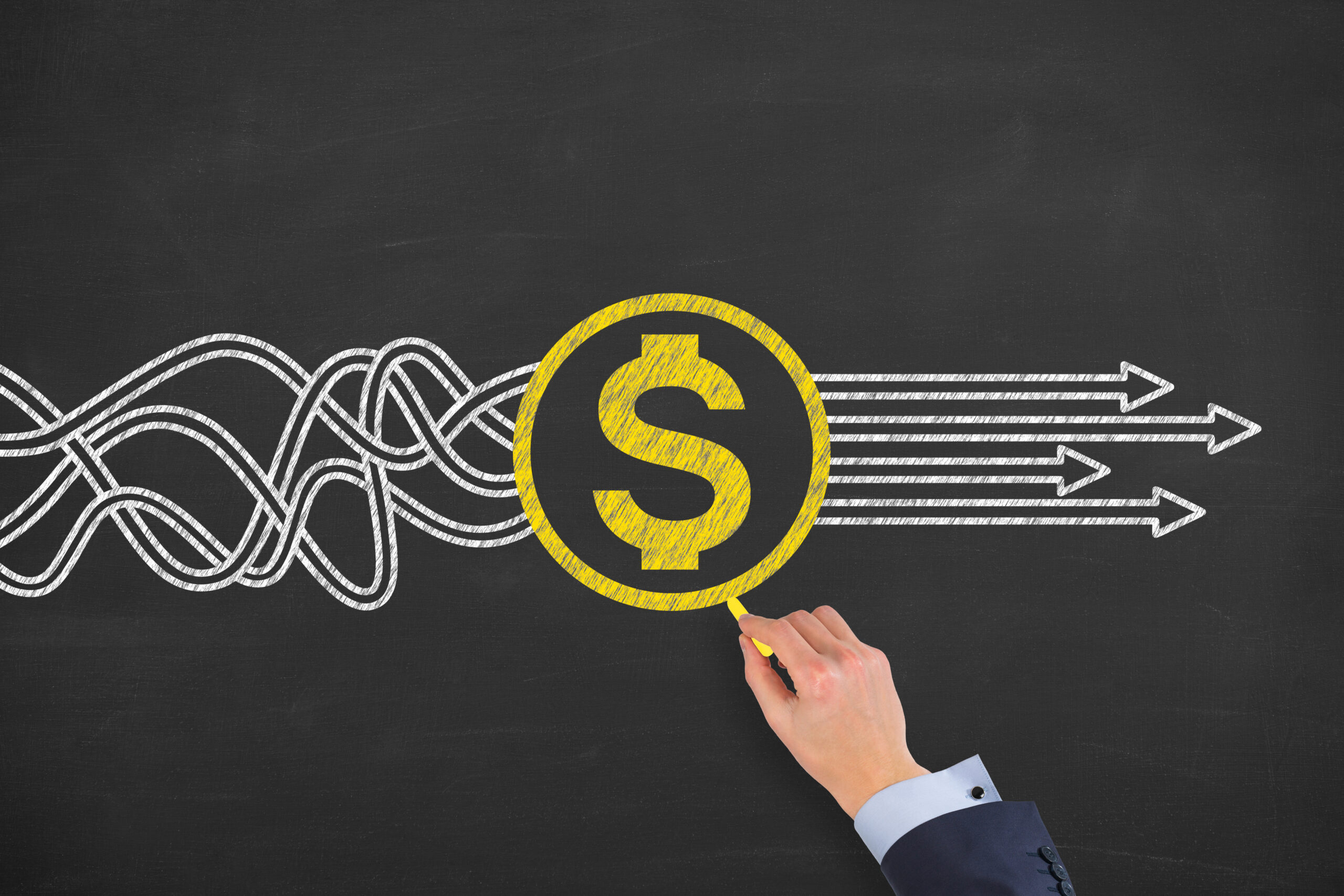 Blackboard with squiggly lines on left side, $ symbol centered, and then straight arrows to the right.