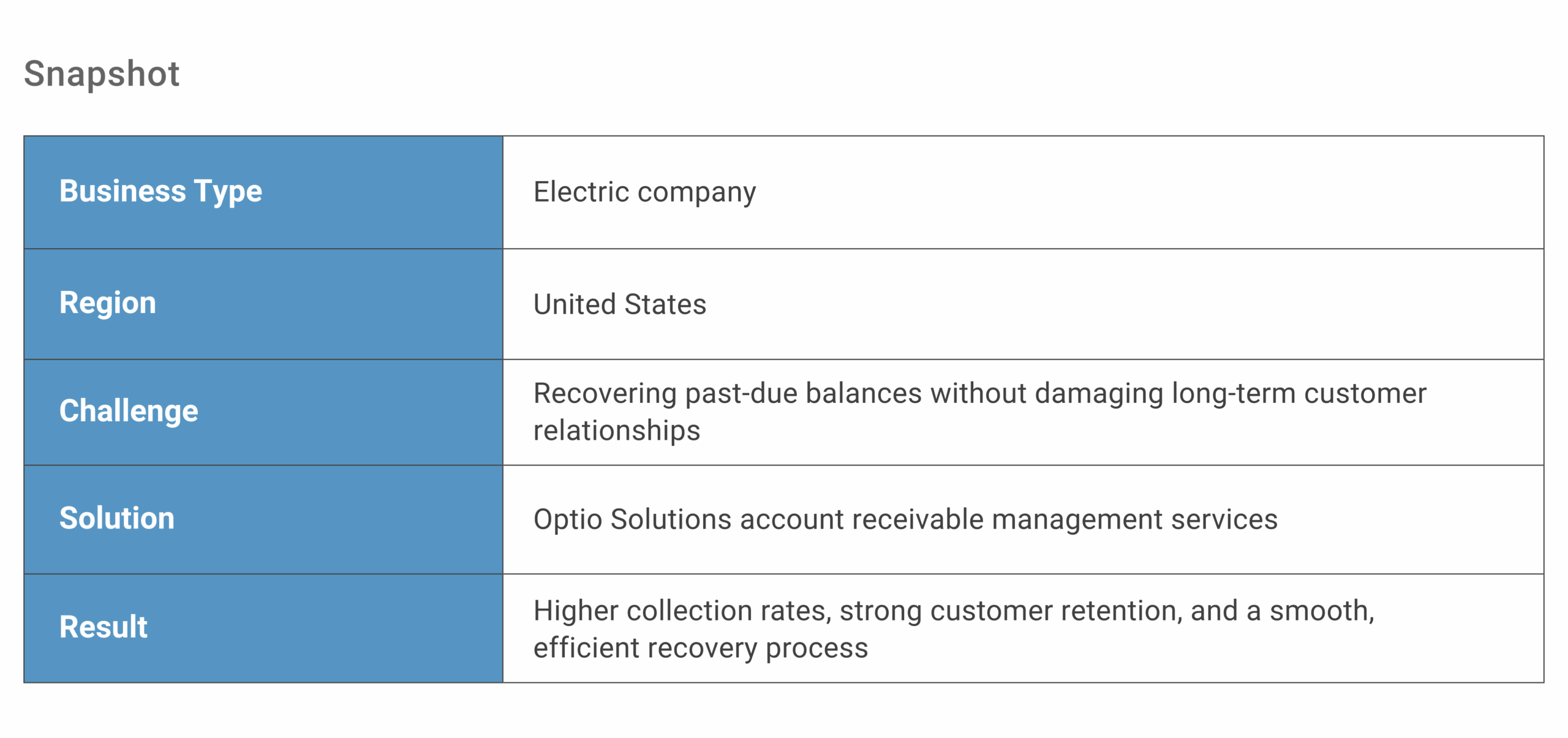 Snapshot table of Optio Solutions case study for the Electric Company