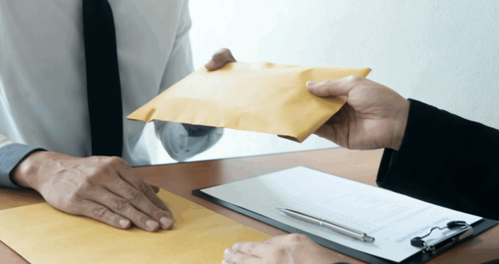 Two business people exchanging an envelope over a table inside an office.