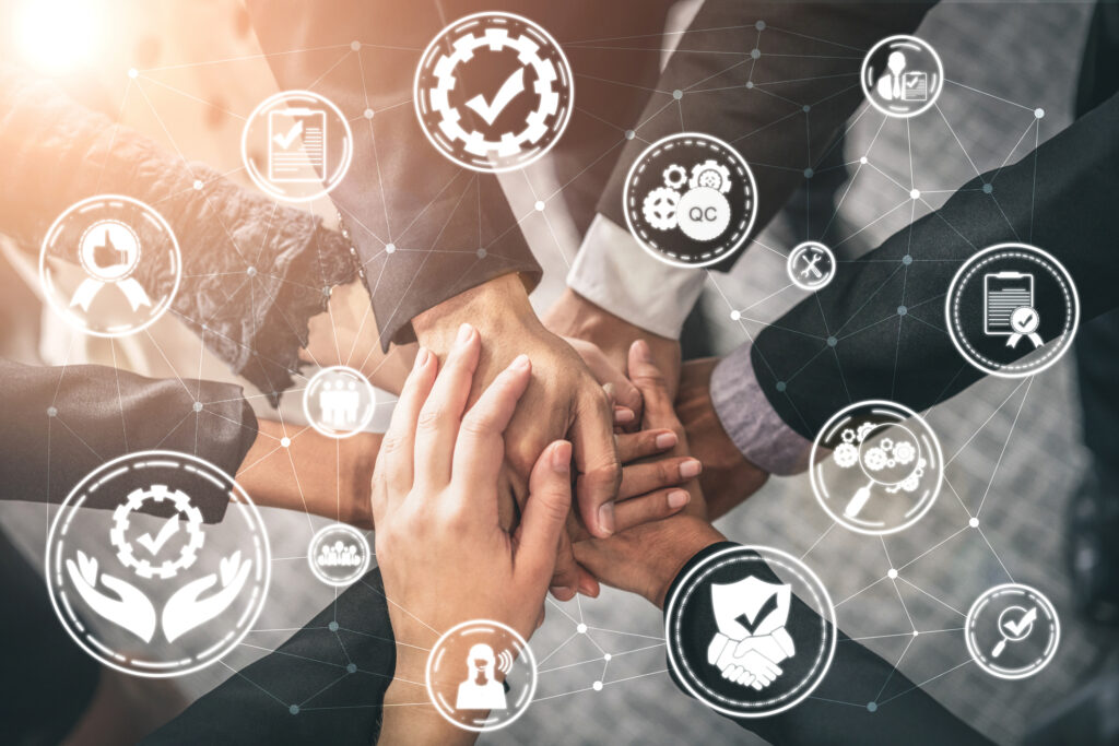 Business Concept - Modern graphic interface showing certified standard process, product warranty and quality improvement technology for satisfaction of customer.