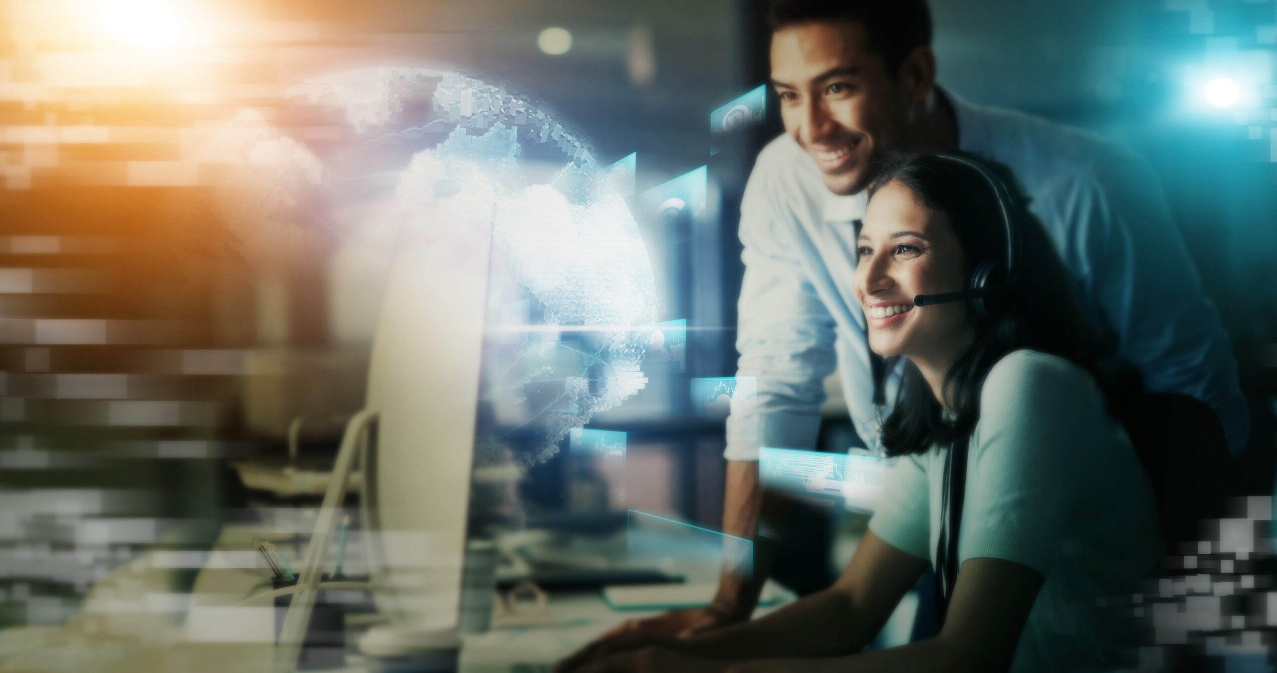 Digital marketing, futuristic and networking of creative business people in telemarketing at night in double exposure. Happy consultants smiling for future big data, innovation