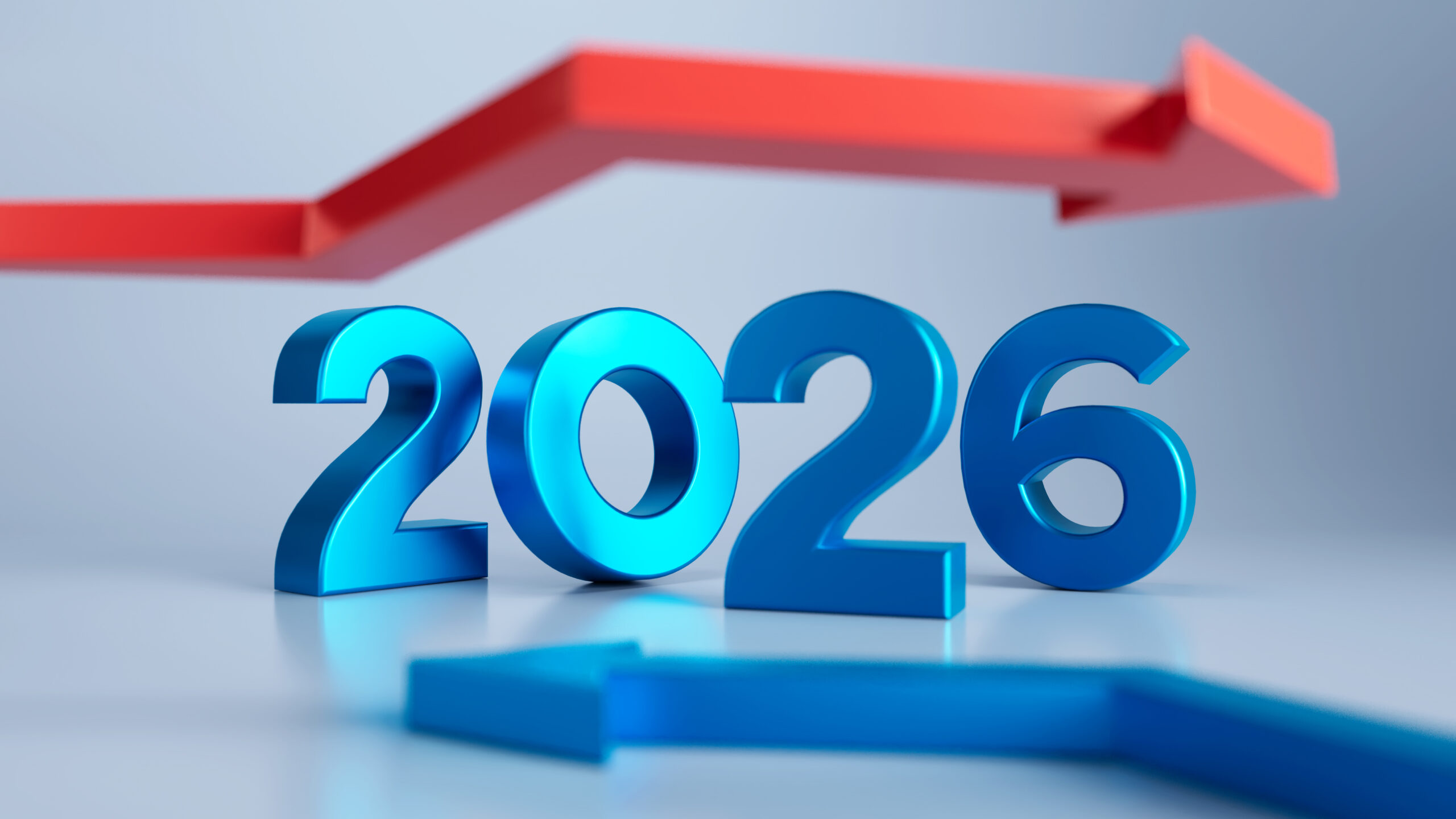 2026 Year in large blue type, with red arrow above, and blue arrow below