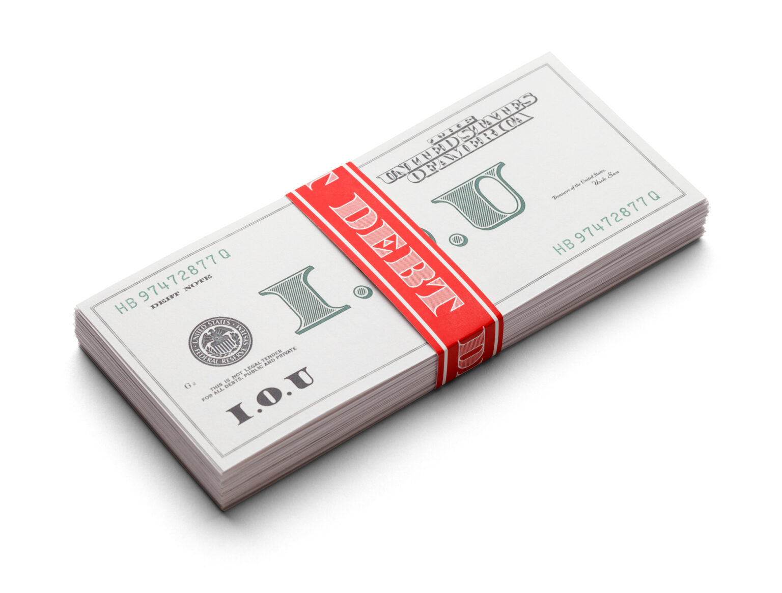Stack Of IOUs as paper curency with a money band that says Debt on it. Isolated on a white background.