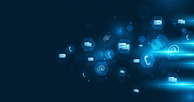 Contact us or communication icons are digital on dark blue background.