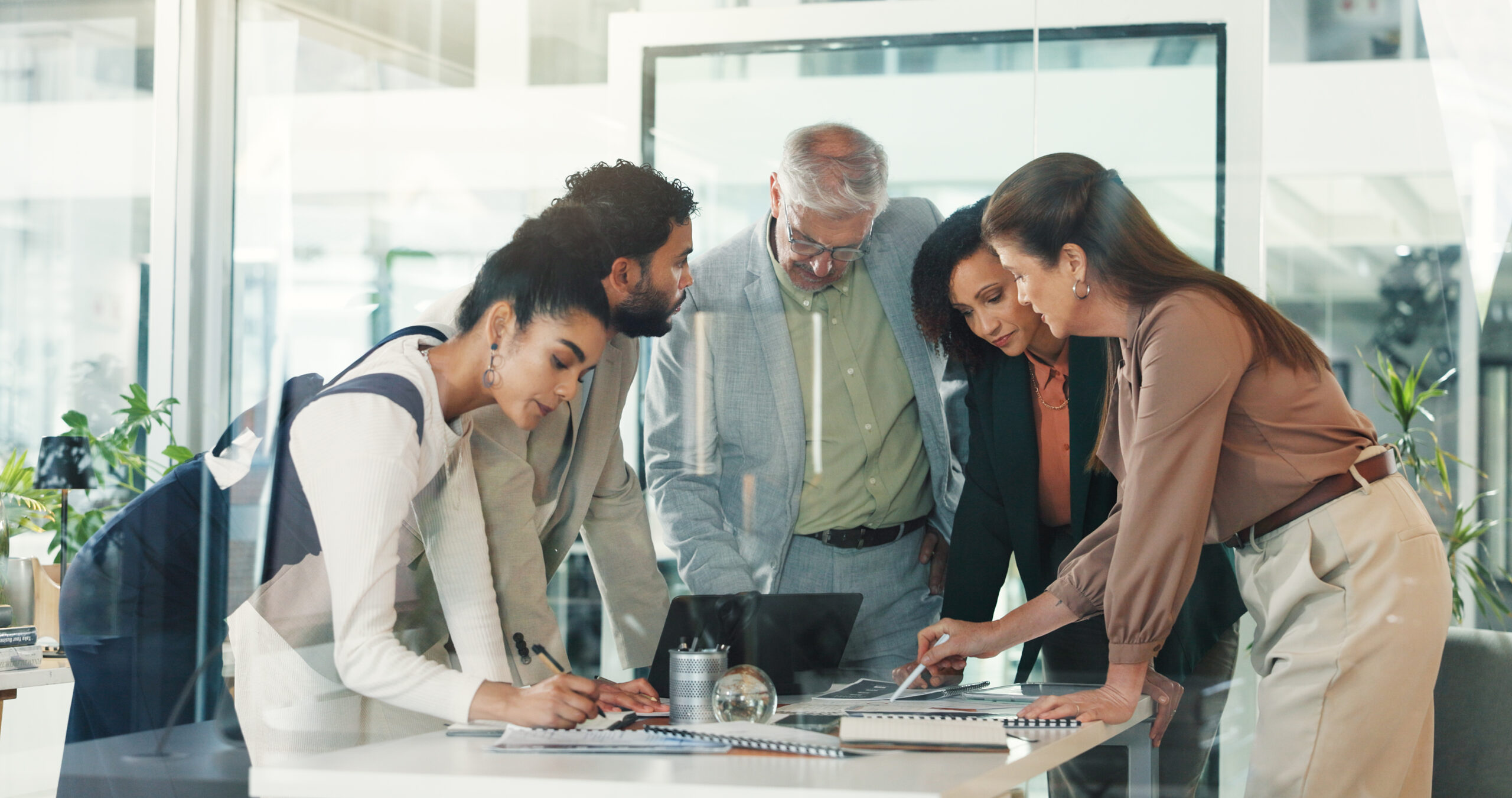 Discussion, corporate team and meeting with business people in office for analysis or risk management. Budget, collaboration and planning with employee group at work for financial report or research