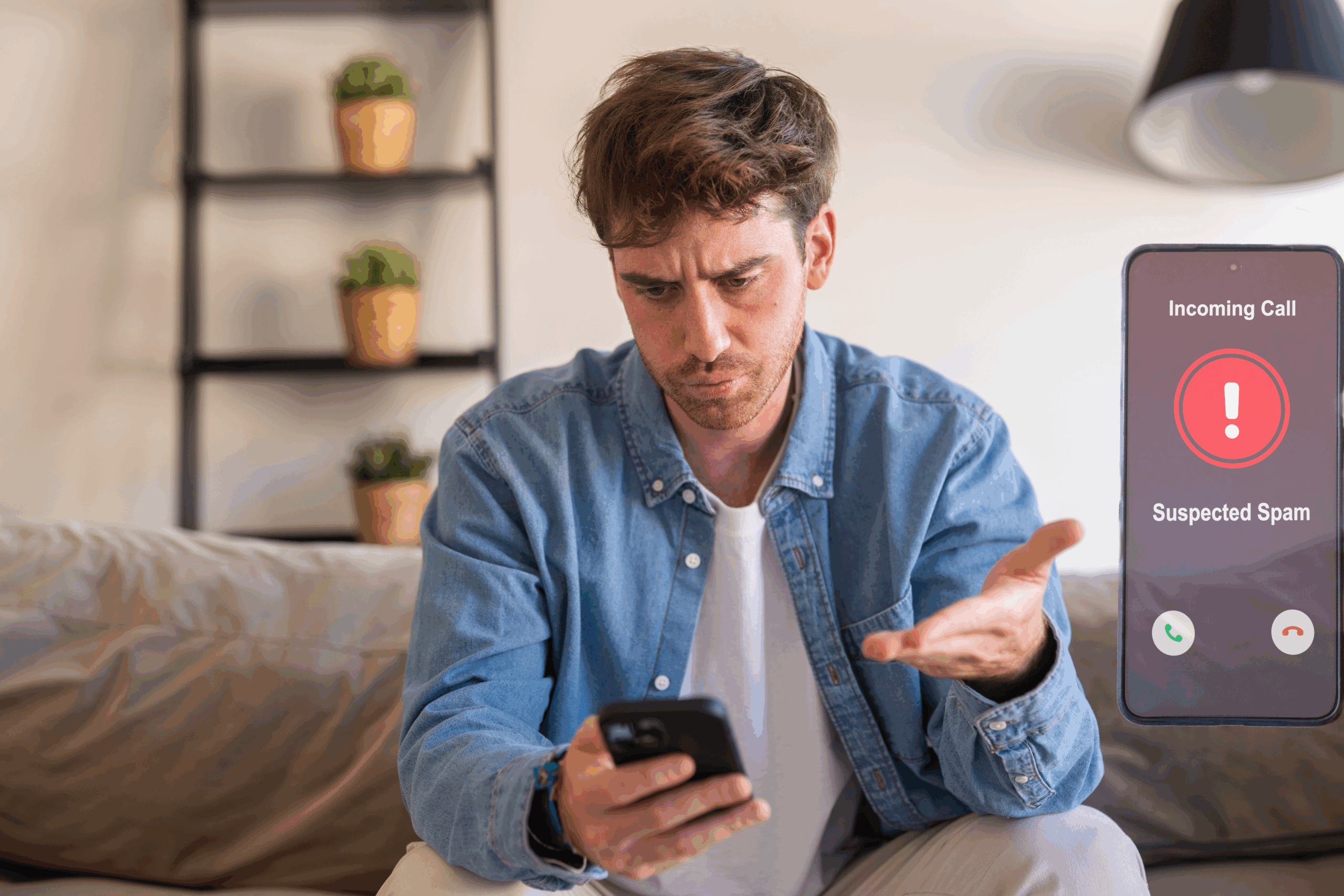 A young man sits on the sofa, frustrated and upset while using his smart phone, spam call