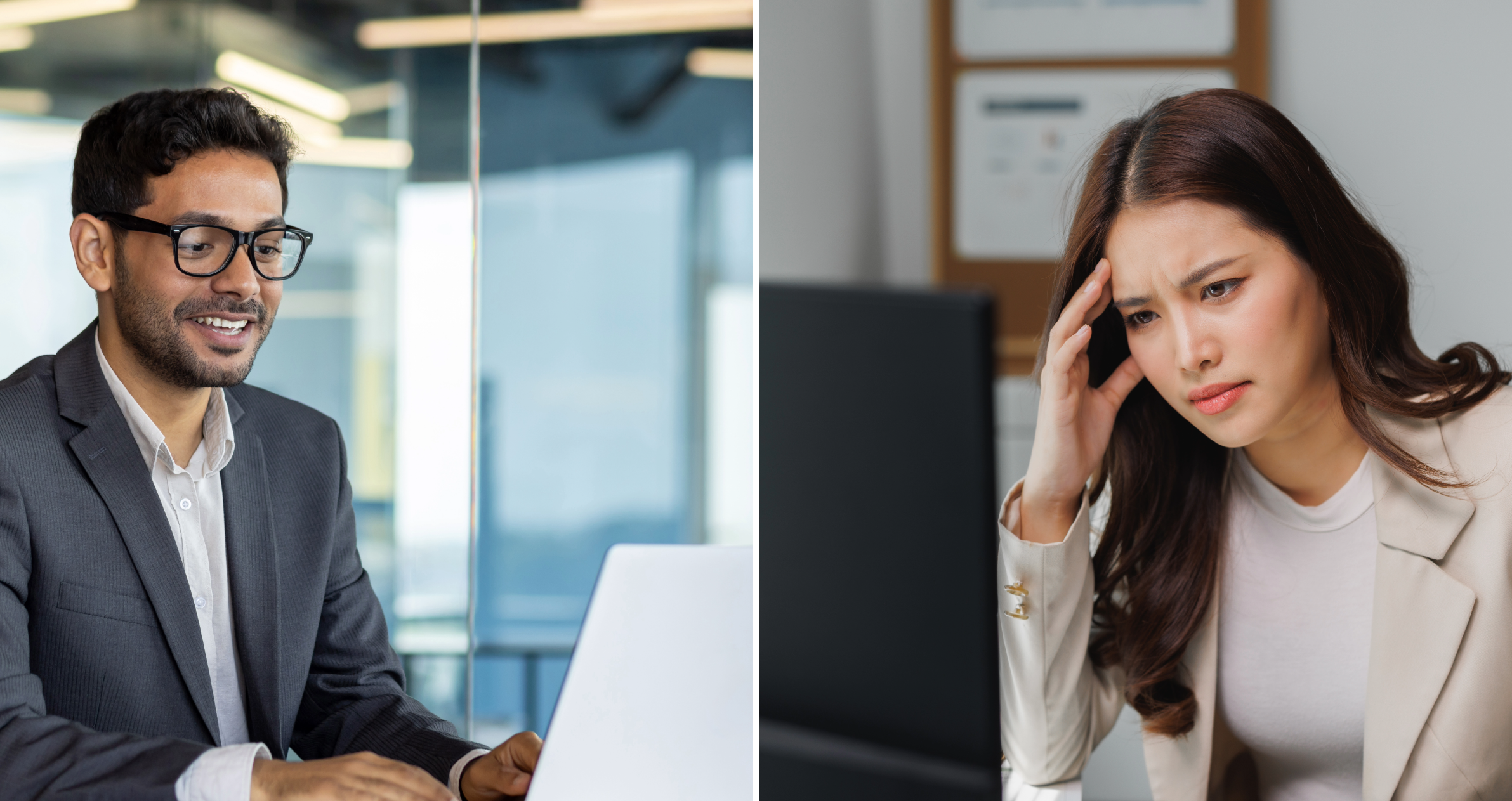 Stressed young Asian businesswoman looking at computer screen, and young happy Indian businessman looking at computer screen