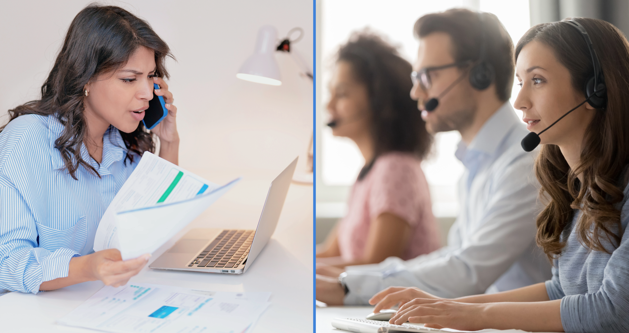 Two photos side-by-side - Left side: Hispanic woman on phone frustrated , Right side: Call agents with headsets pleased to help
