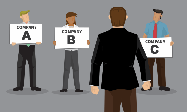 Illustration - Businessperson looking at three different company options - business concept