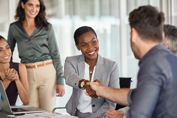 Happy black businesswoman and businessman shaking hands at meeting. Professional business executive leaders making handshake agreement.