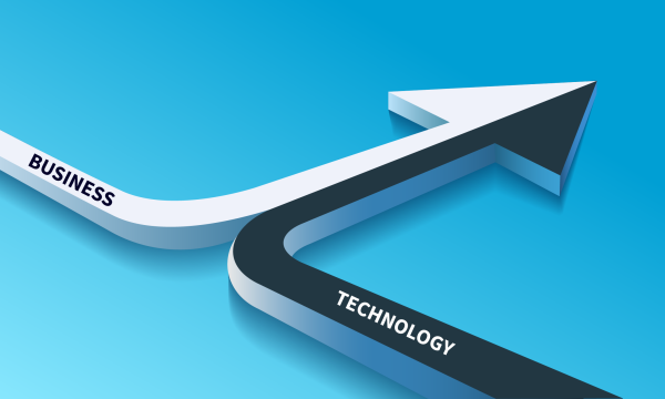 White arrow with the word Business and black arrow with the word Technology converging into one path. Business Concept.