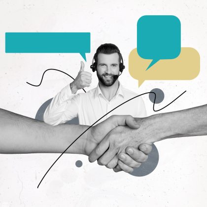 Composite photo collage of happy employee. success deal handshake gesture dispatcher helpline isolated on painted background.